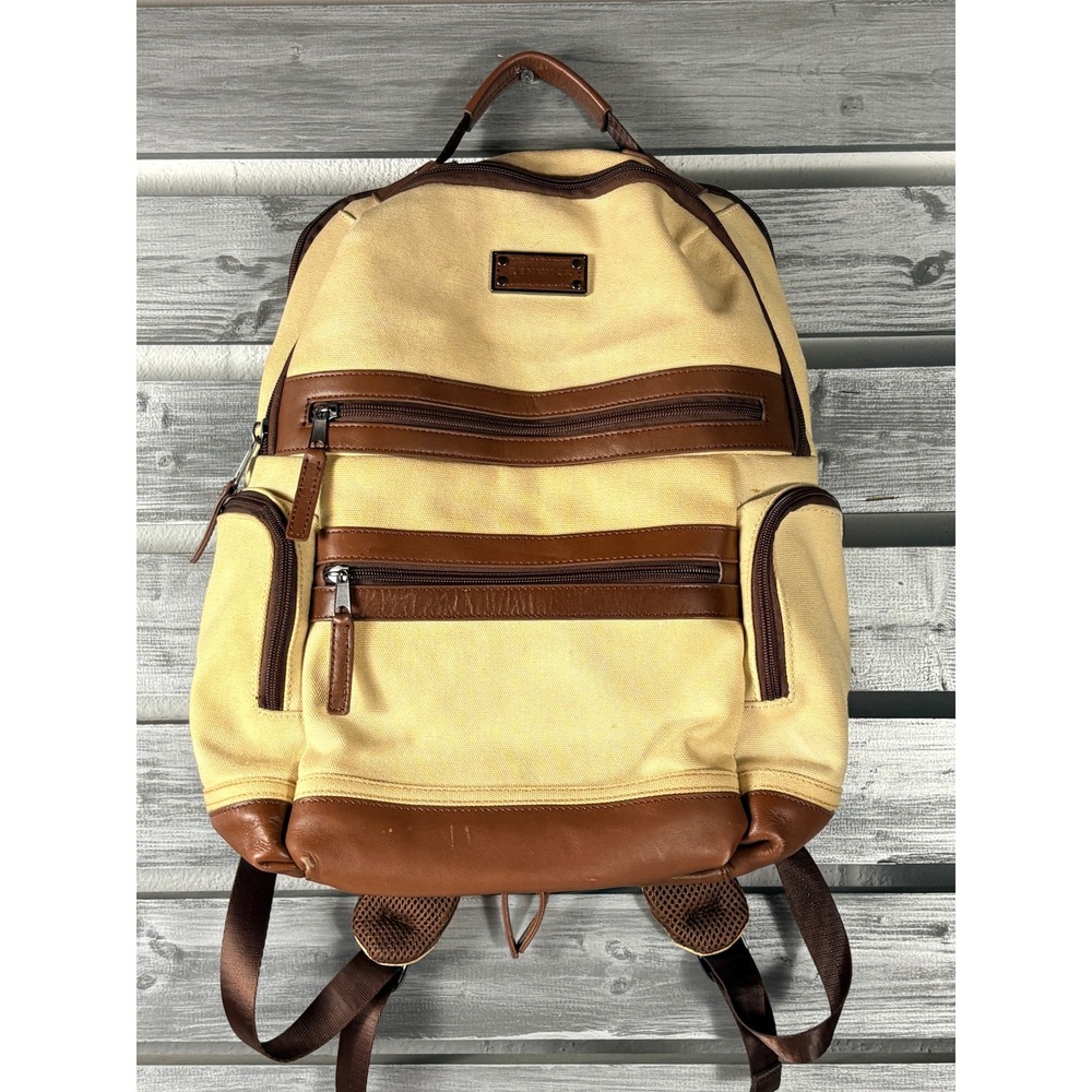 Renwick Canvas Leather Backpack Tan Brown Multi Pocket Travel Laptop Bag